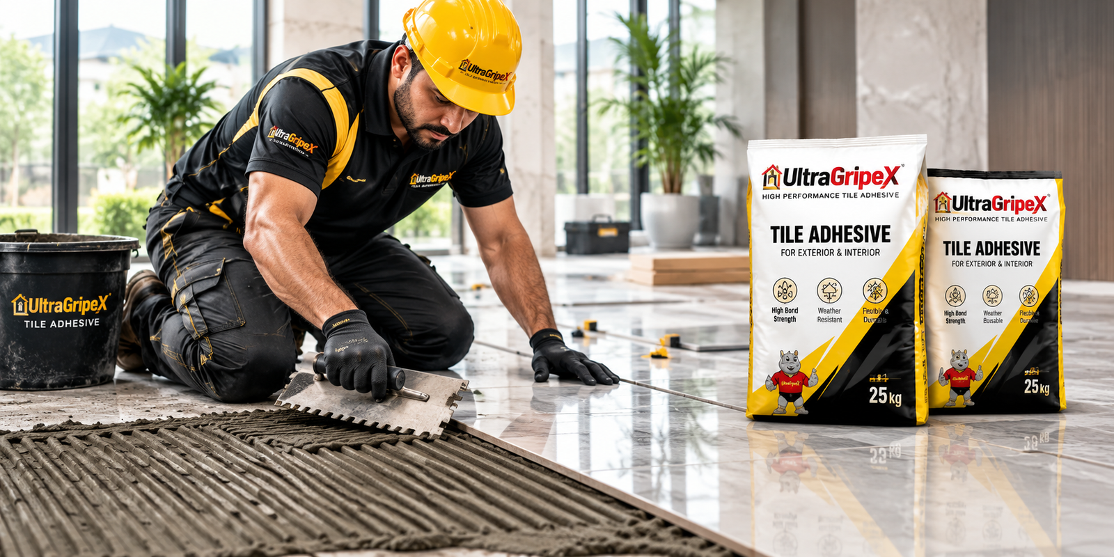 Professional installer applying UltraGripeX tile adhesive